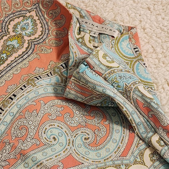 Tlrina Turk paisley floral teal and peach pencil skirt size 4 - Picture 9 of 12